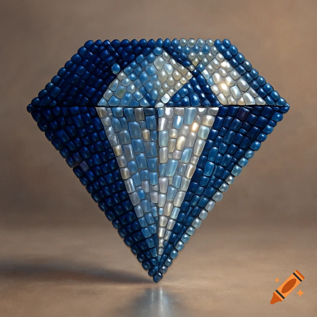 A 3D diamond shape constructed from small, shimmering blue and white beads, set against a neutral background.