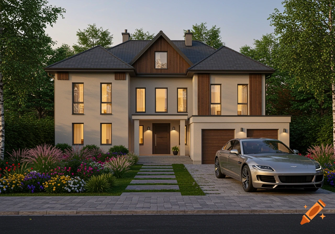 Photorealistic modern house with light siding and dark roof, a silver sedan in the driveway, and a colorful landscaped front yard.
