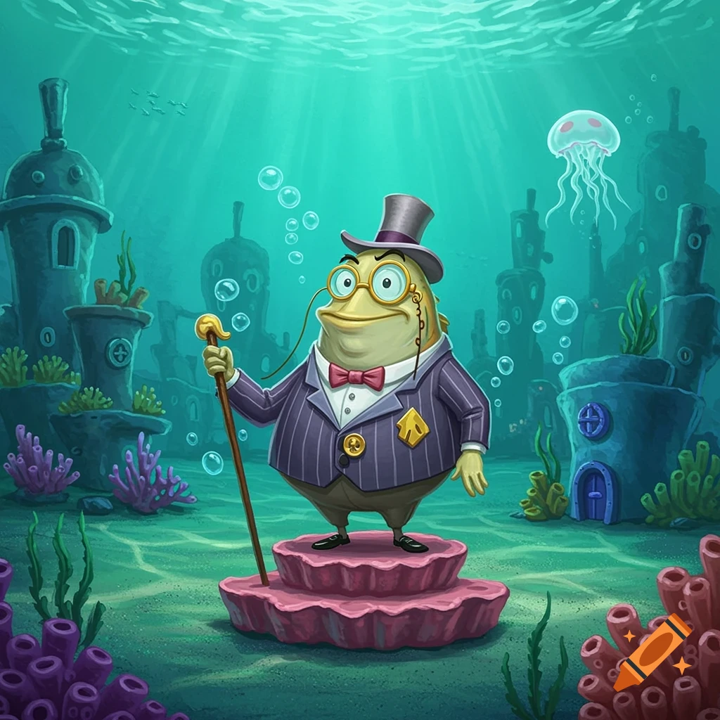 A cartoon fish character in a purple striped suit, top hat, and monocle stands on a pink seashell in a vibrant underwater city.