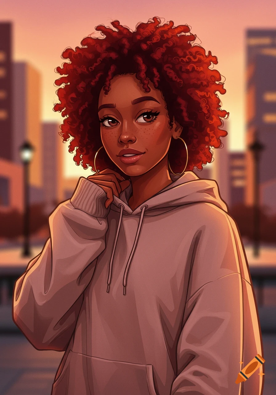 A cartoon portrait of a young Black woman with red curly hair and freckles, wearing a hoodie, in an urban setting at sunset.