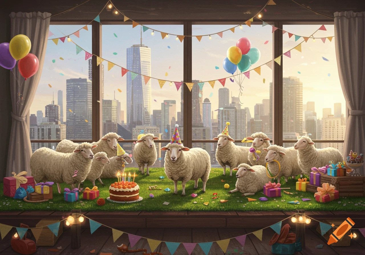 A group of sheep wearing party hats celebrate a birthday with a cake and gifts on a rooftop overlooking a city skyline at sunset.