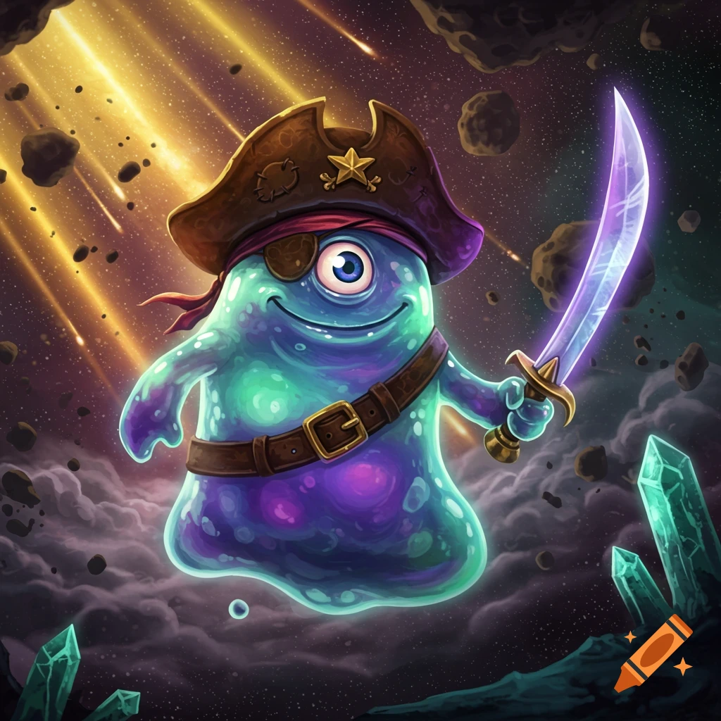 A vibrant, cartoonish blue and purple slime character dressed as a pirate, holding a glowing sword, floating in space with meteor showers and crystals.
