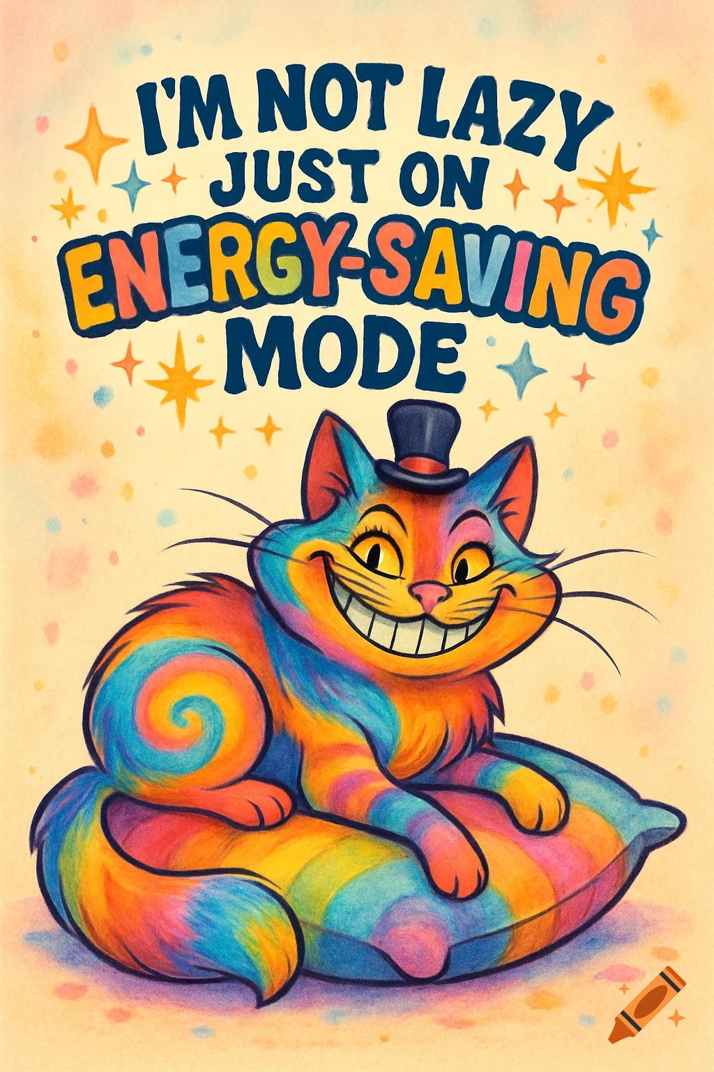A colorful, smiling Cheshire-like cat in a top hat sits on a striped pillow, with the text 'I'M NOT LAZY JUST ON ENERGY-SAVING MODE' above.