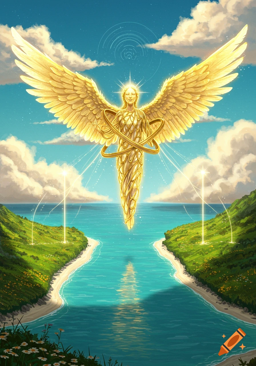 A glowing golden angel with large wings floats over a blue sea between two green islands, with light beams hitting the land, in an illustrative style.