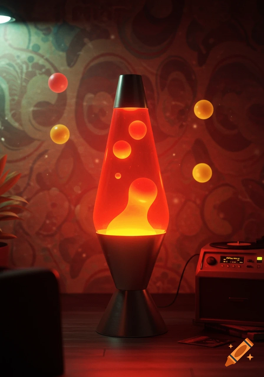 A retro-style lava lamp glows warmly in a dim room with psychedelic patterned wallpaper, next to a vintage record player.