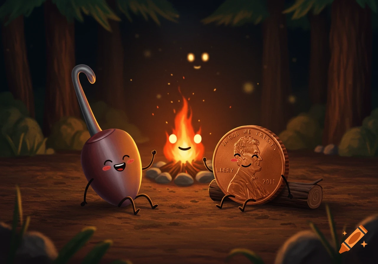 A happy, cartoonish hook and a smiling penny with blush sit by a campfire in a dark forest, with a spooky, blank-faced fire ghost behind them.