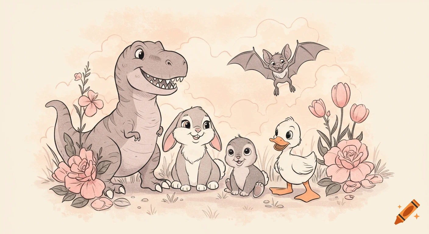 A friendly T-Rex, two bunnies, a duckling, and a bat in a whimsical cartoon style, surrounded by pink flowers.