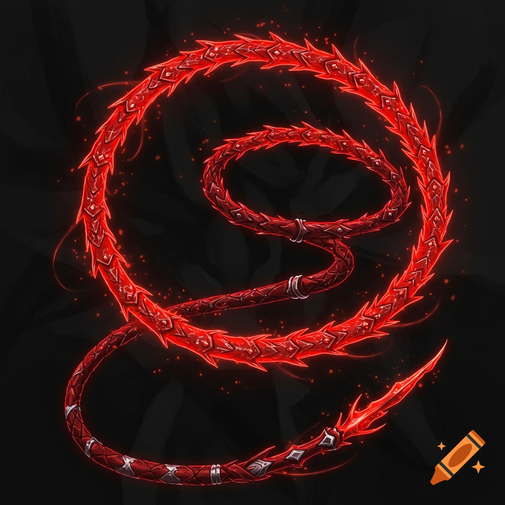 A bright red spiked whip with a glowing magical aura coiled against a dark background, in a digital art style.