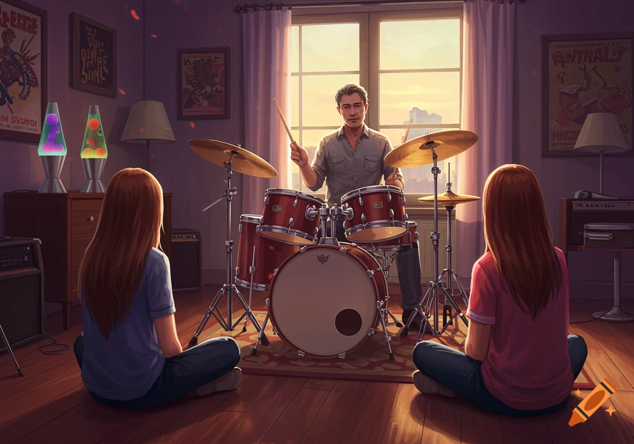 A man plays drums for two girls sitting on the floor in a room with posters and lava lamps.