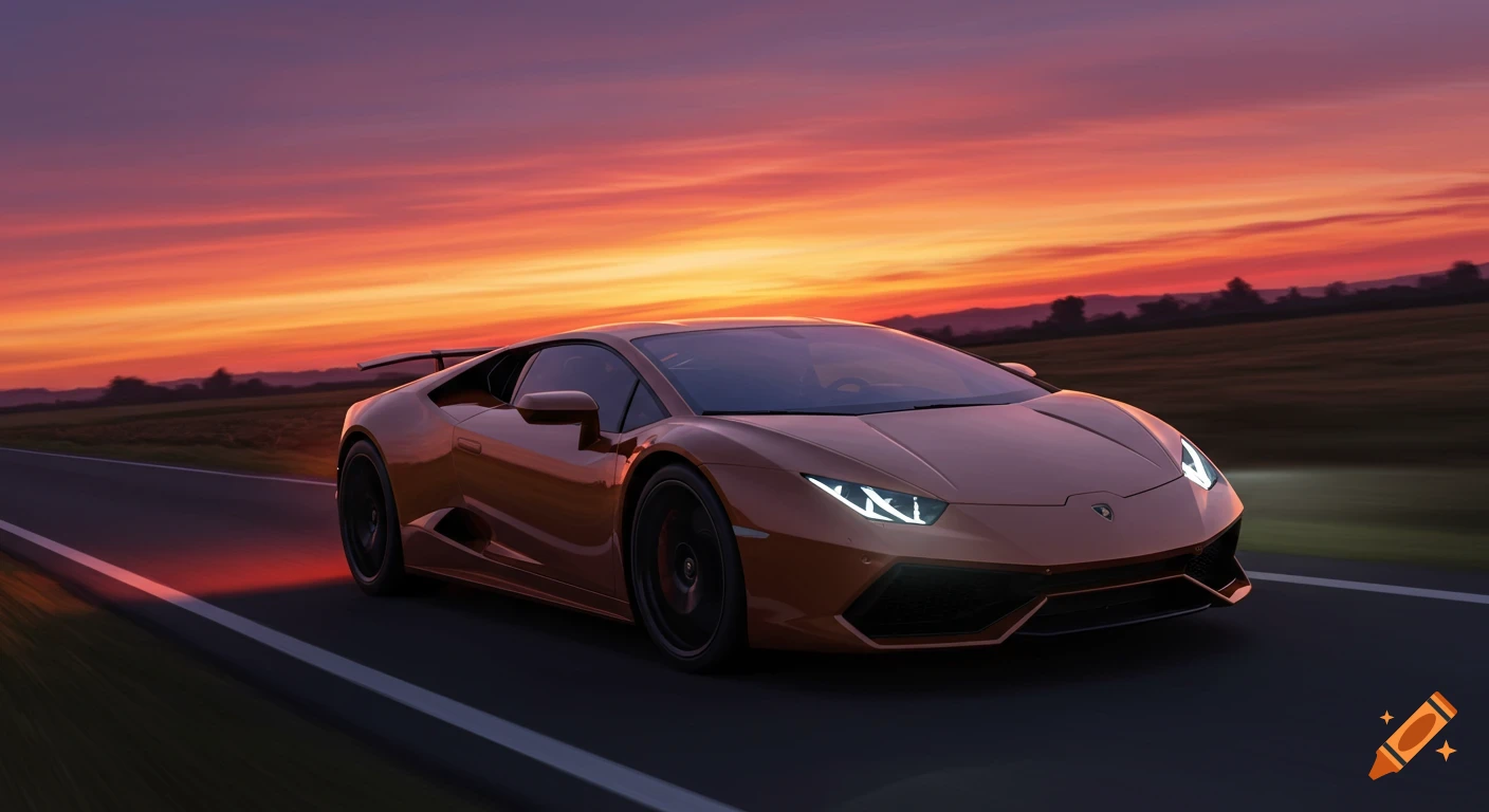 A bronze Lamborghini drives on a road under a vibrant sunset sky, with motion blur on the ground.