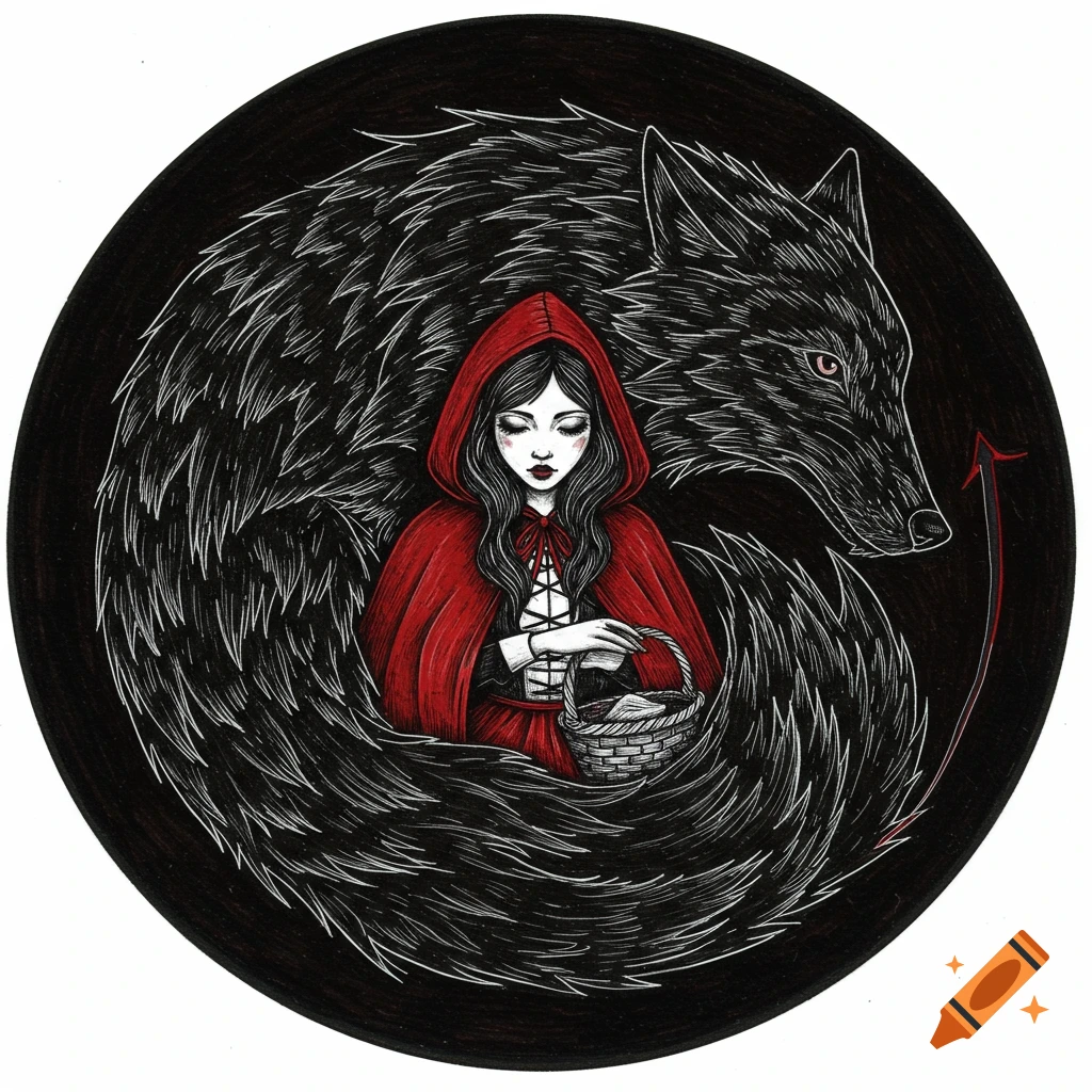 A black and white sgraffito-style illustration in a circle, depicting Little Red Riding Hood with a red hood and cloak, holding a basket, nestled within the curled body of a large, dark wolf with a red eye.