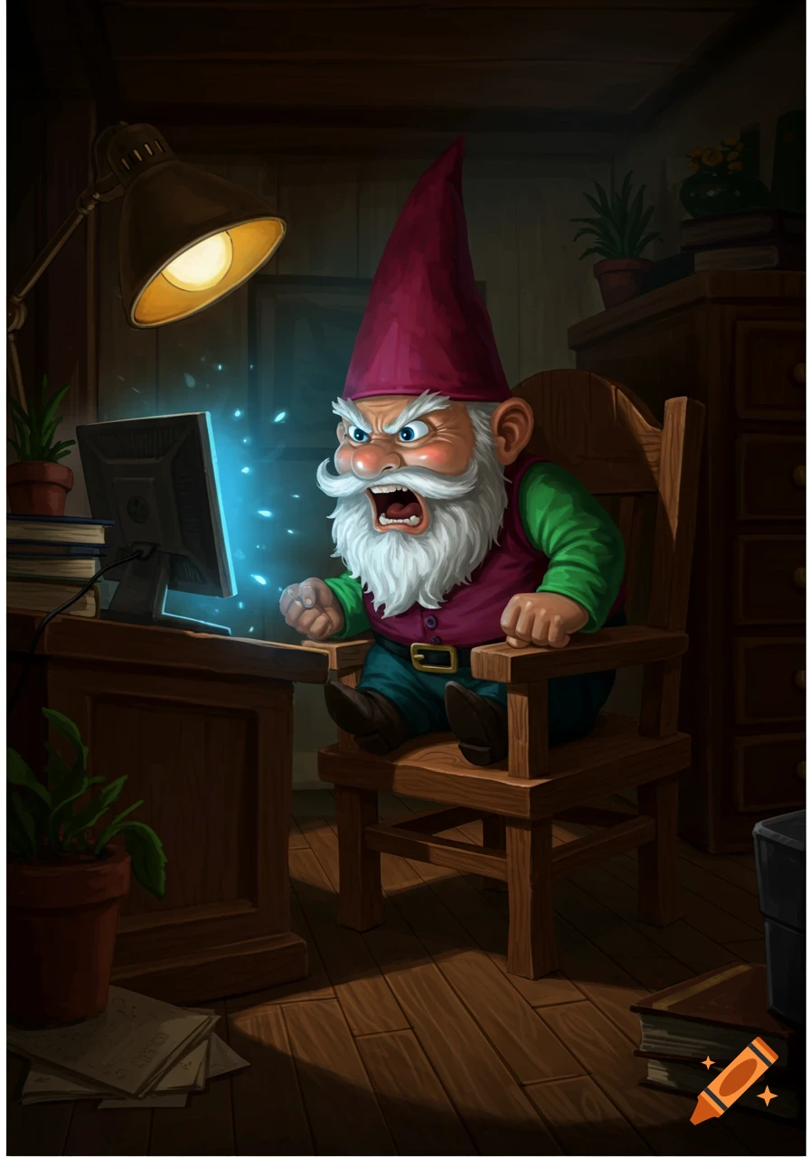 An angry gnome with a red hat and white beard screams at a glowing computer monitor in a dim room.