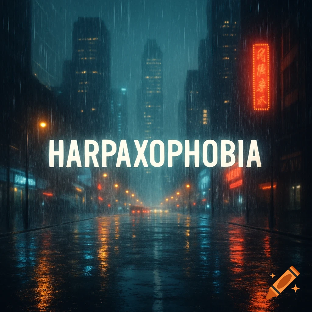 A dark, rainy city street at night with glowing lights and wet reflections, featuring large white text 'HARPAXOPHOBIA' in the center.