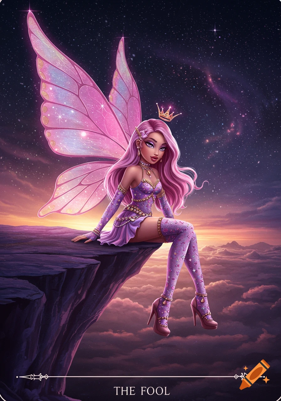 A pink-haired fairy with large wings and a crown sits on a cliff edge above clouds, with a starry night sky behind her. The text 'THE FOOL' is at the bottom.