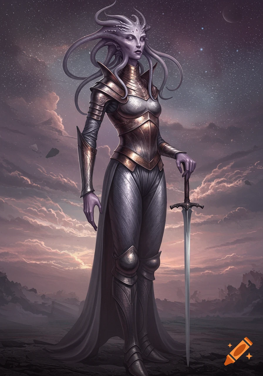 A tall alien woman with purple skin and tentacles for hair, wearing silver and bronze armor, holding a sword under a starry, cloudy sky.