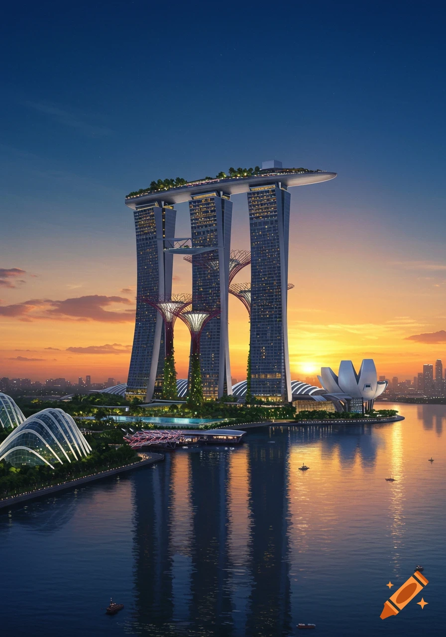 Photorealistic image of the Marina Bay Sands hotel and Gardens by the Bay at sunset over the water in Singapore.