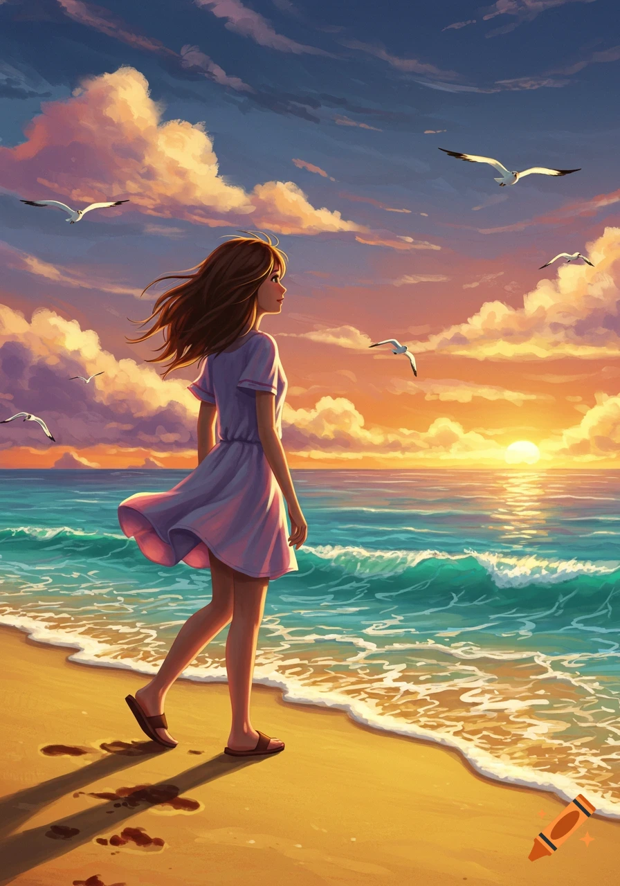 An illustrated girl walks on a sandy beach at sunset, with vibrant orange and purple clouds, turquoise waves, and flying seagulls.