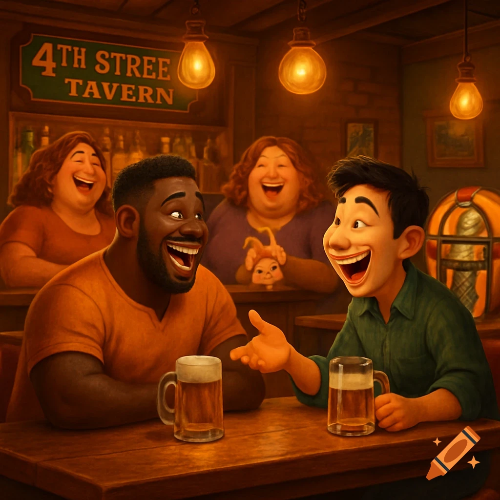 A Pixar-style illustration of a diverse group of people laughing in a warmly lit bar named "4th Street Tavern". Two men, one Black and one Asian, sit at a table with beers, gesturing and smiling. Two heavy-set women laugh in the background.