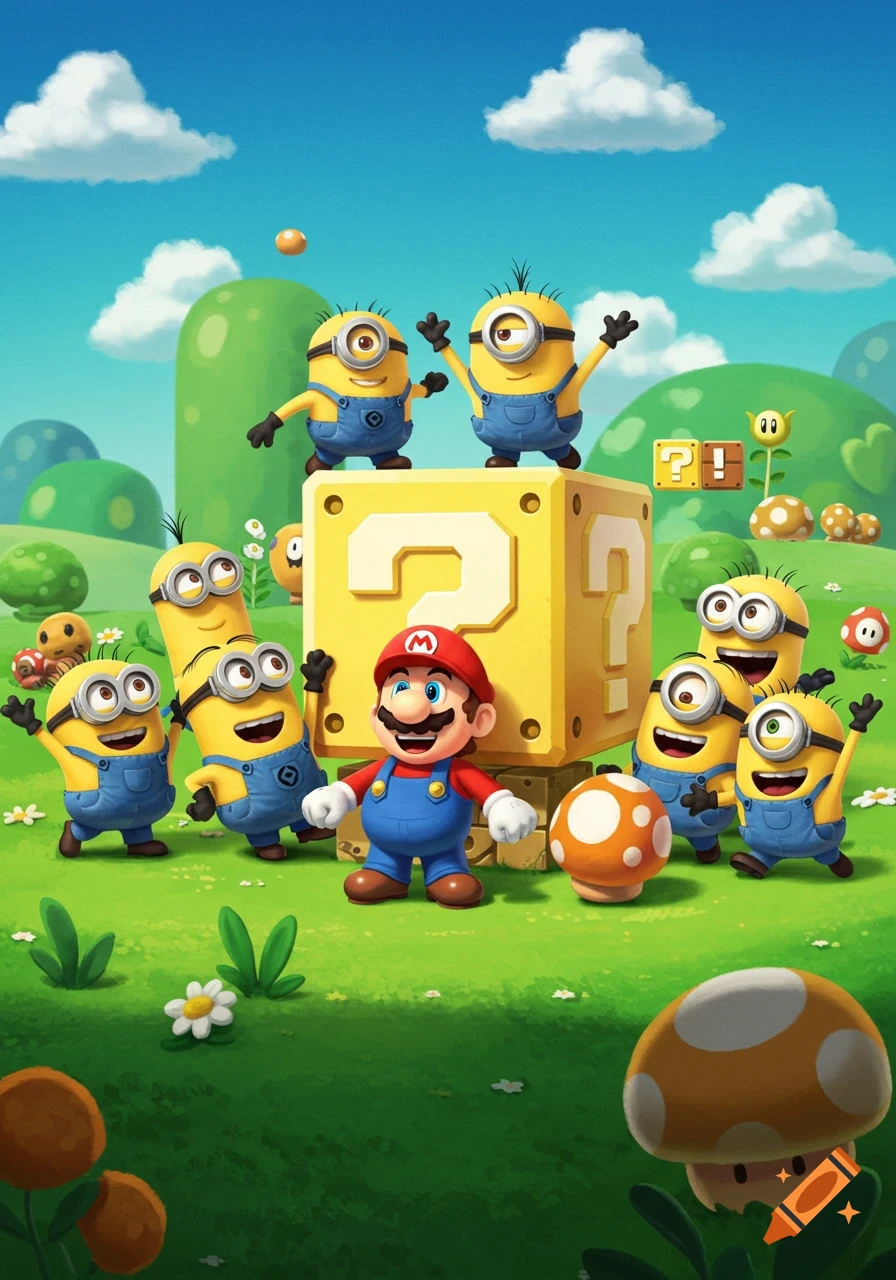Mario and multiple Minions stand around a yellow question block in a bright green landscape with mushrooms and clouds.