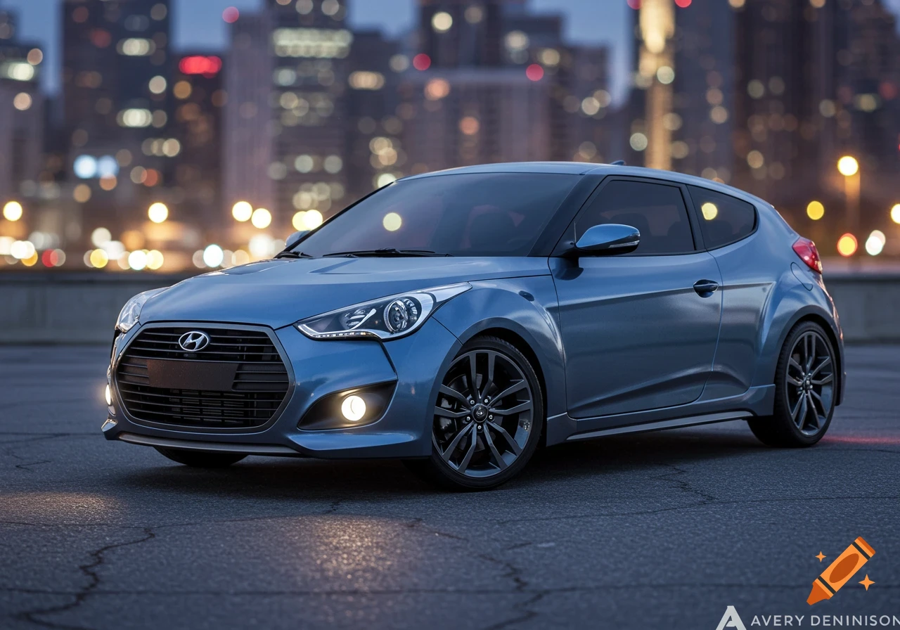 A blue Hyundai Veloster parked on asphalt with city lights in the blurred background at dusk.