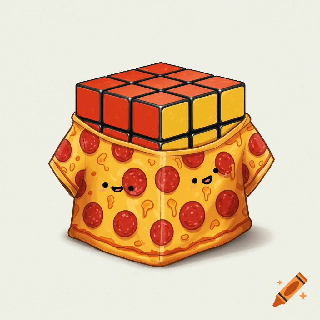 Cartoon illustration of a Rubik's cube wearing a pepperoni pizza t-shirt with a cute smiling face.