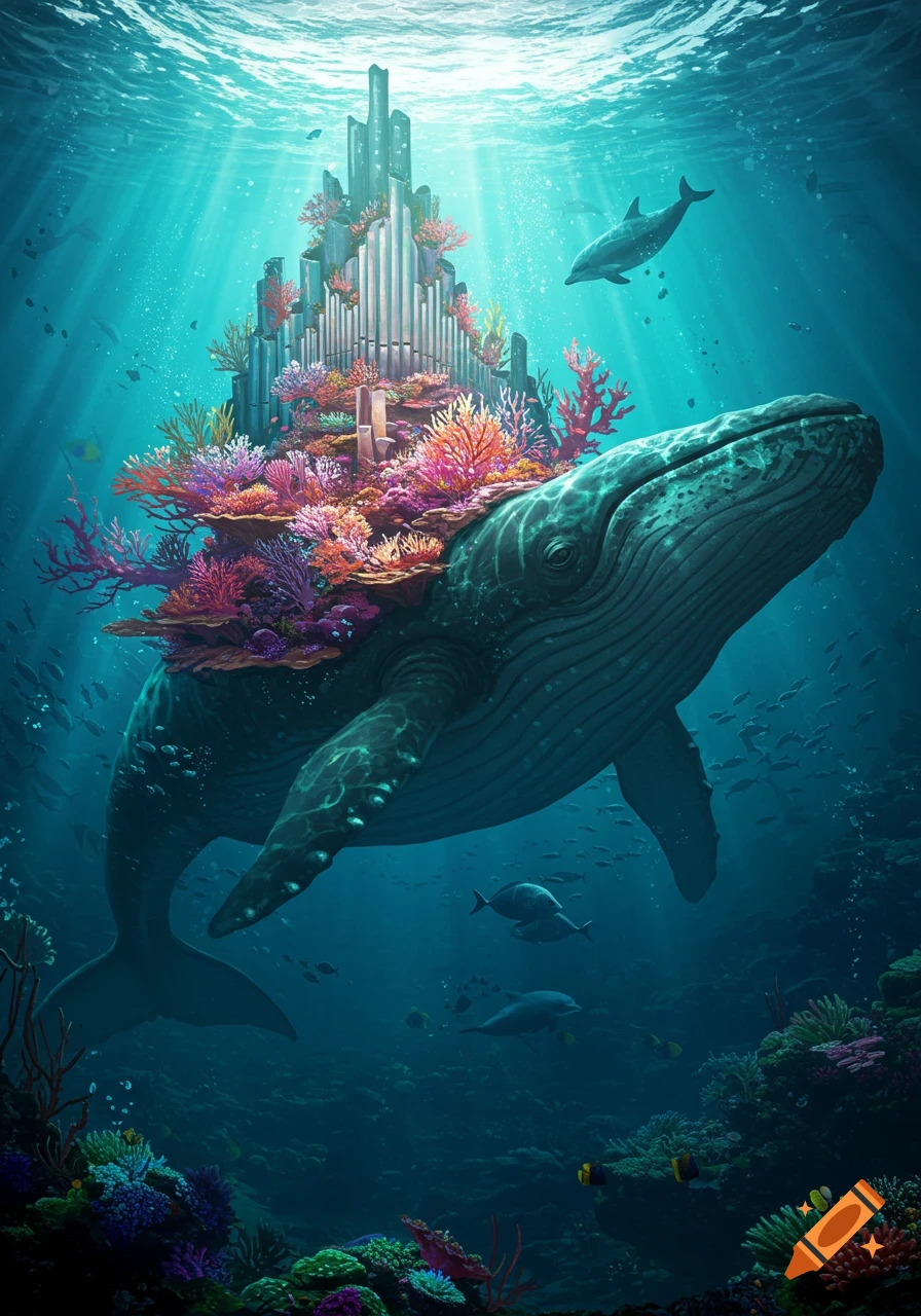 A majestic whale-like leviathan swims underwater with a vibrant coral and pipe organ-like structure on its back, surrounded by marine life.