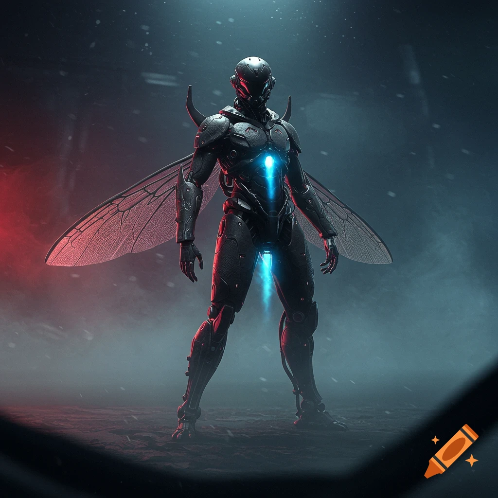 A dark, metallic, insectoid humanoid figure with transparent wings and glowing blue energy, standing in a dim, misty environment.