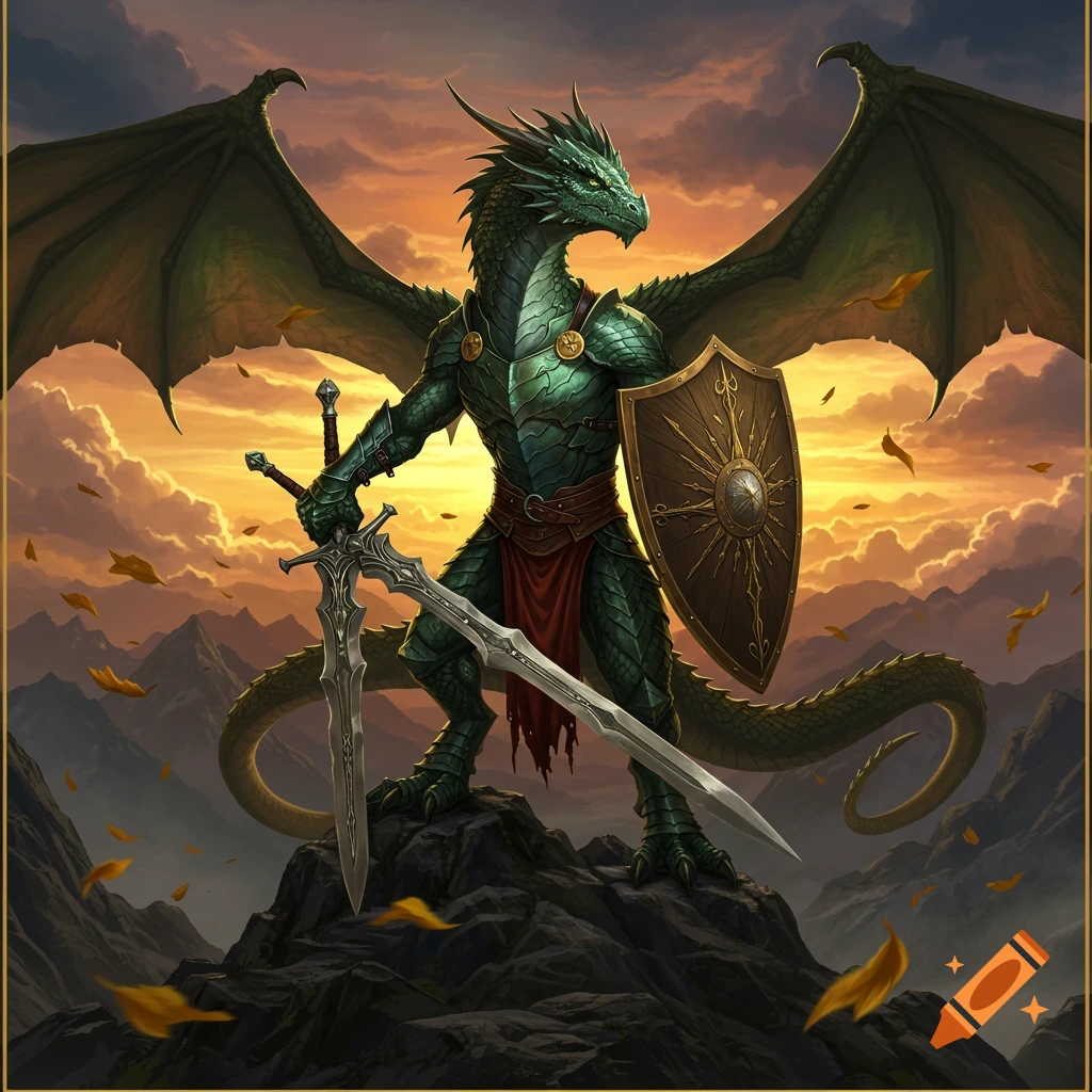 A majestic green dragon knight in armor, holding a greatsword and shield, stands atop a mountain peak against a vibrant sunset.