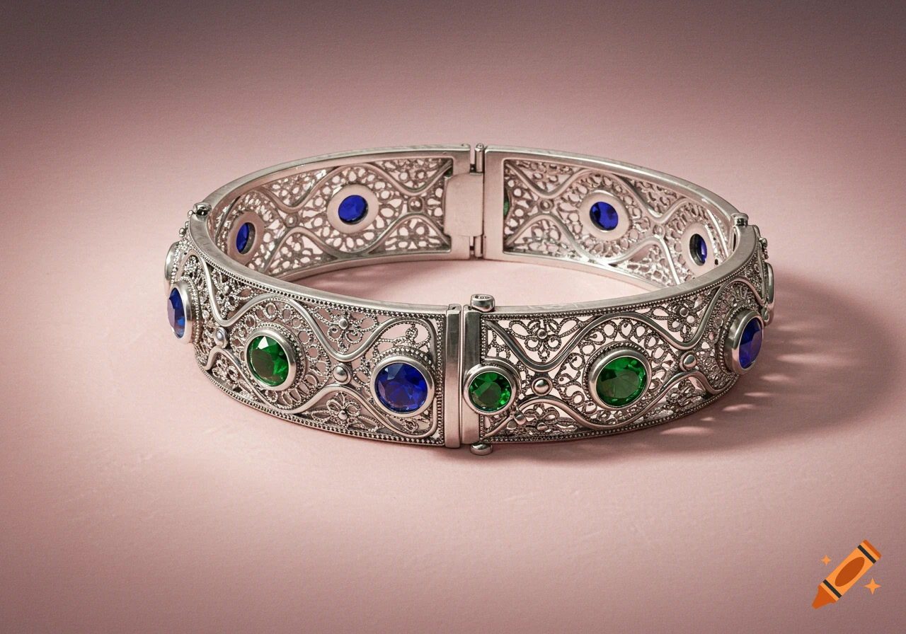 A detailed silver filigree bracelet adorned with alternating blue and green gemstones, set on a soft pink background.