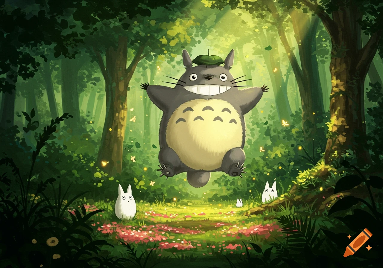 A large grey Totoro with a big smile jumps in a lush green forest with pink flowers and glowing lights, with two small white Totoro on the ground.