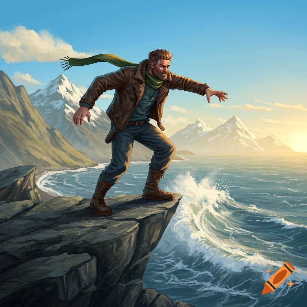 A man in a brown jacket and green scarf stands on a cliff edge overlooking a stormy ocean and mountains at sunset.