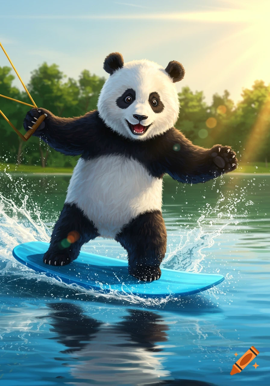 A cute panda happily wakeboarding on a blue board across a sunny lake, with green trees in the background. Vibrant illustration style.