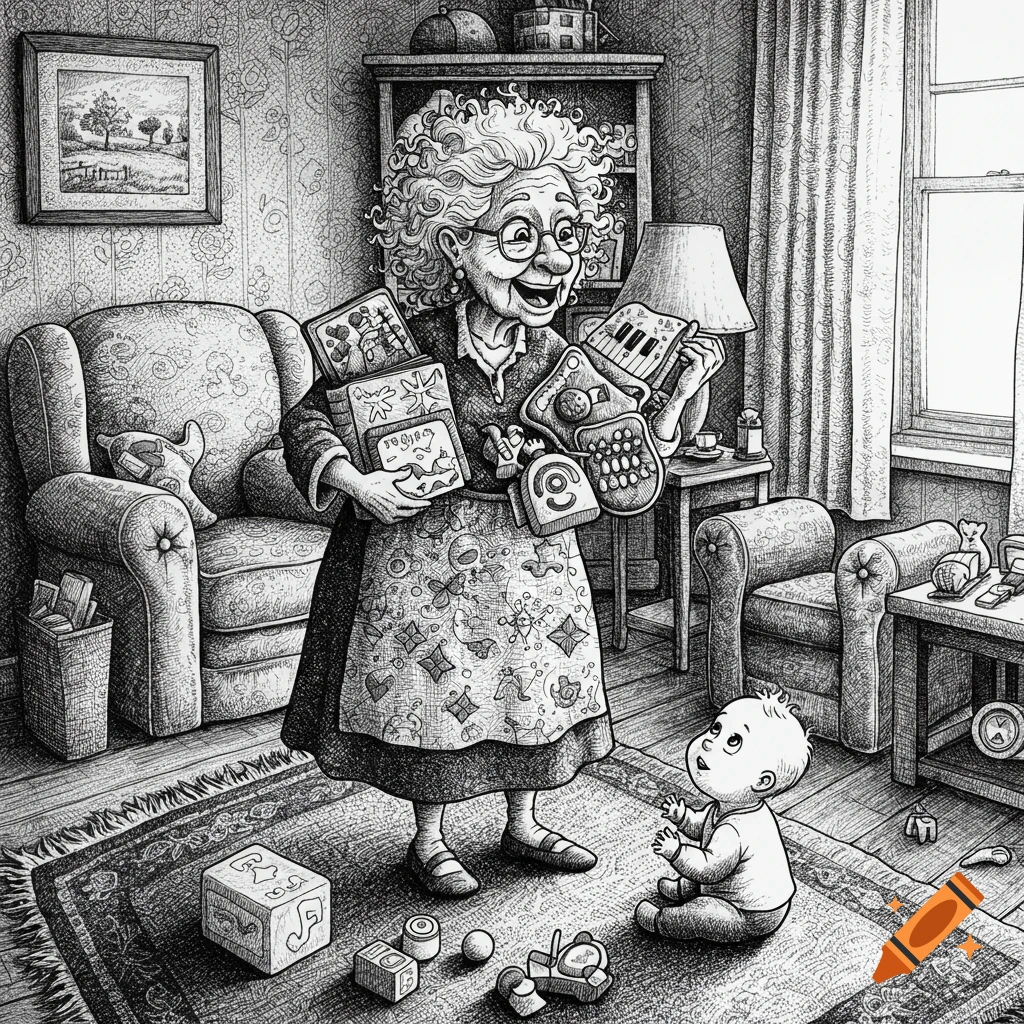Pen and ink drawing of an enthusiastic grandma holding various activities for her grandbaby, who is sitting on the rug looking up at her, surrounded by toys in a cozy room.