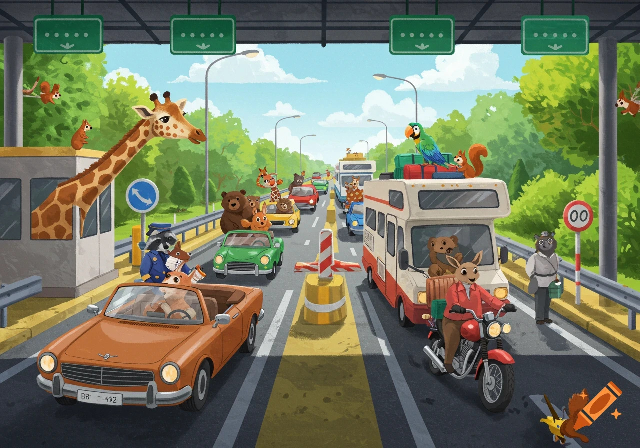 Cartoon animals driving various vehicles, including a giraffe at a toll booth, a fox in a convertible, and a kangaroo on a motorcycle, on a busy highway.