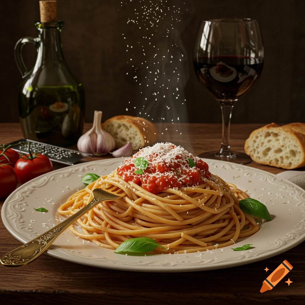 A photorealistic close-up of spaghetti with red sauce, basil, and grated cheese on a plate, surrounded by ingredients like tomatoes, garlic, olive oil, bread, and a glass of red wine.
