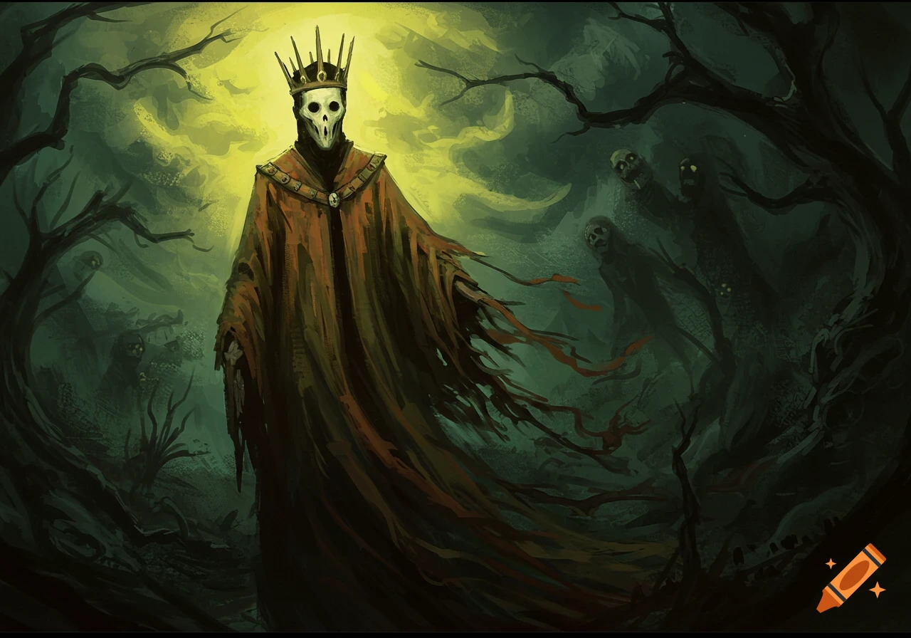 A skeletal king in tattered red robes and a spiky gold crown stands in a dark, eerie forest with glowing ghostly figures.