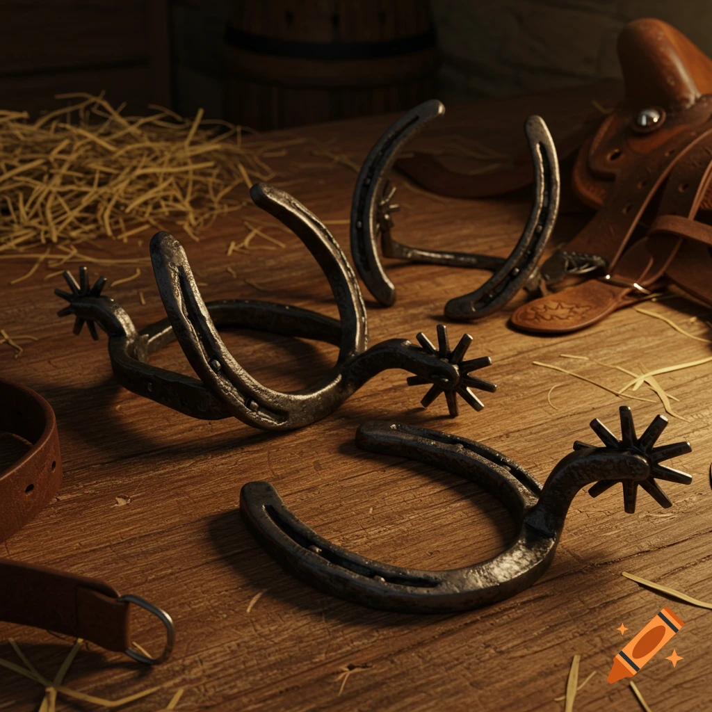 Close-up of three rustic spurs and horseshoes on a wooden table with straw and a leather saddle in the background, realistic style.
