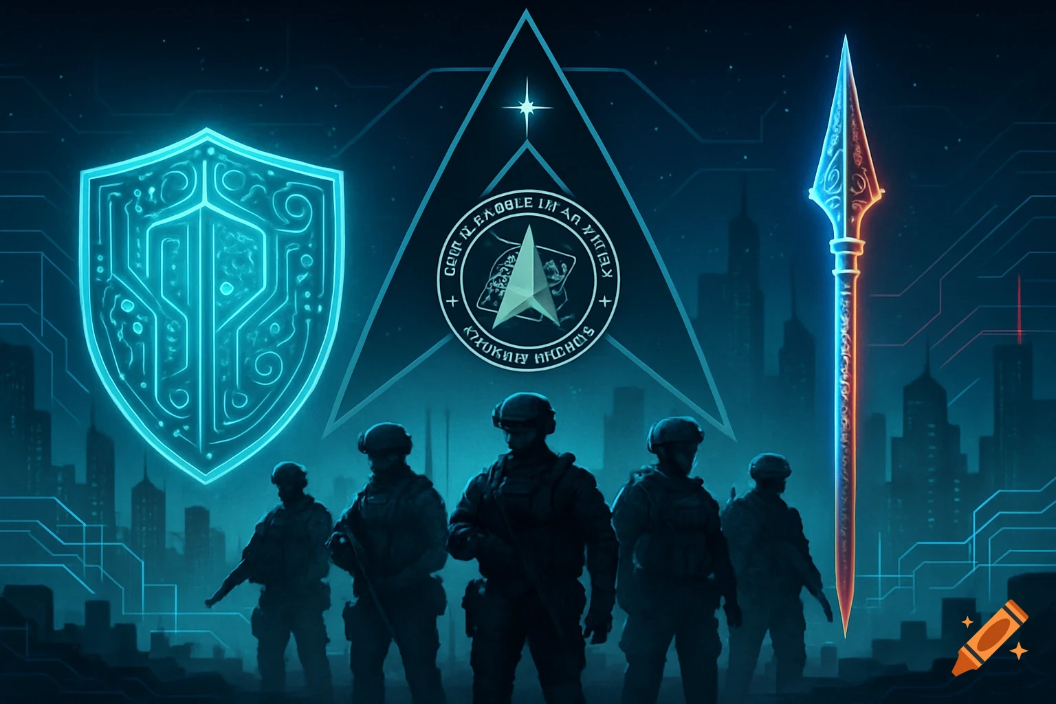 Silhouetted soldiers in tactical gear stand before a glowing blue digital cityscape with a shield, spear, and emblem.