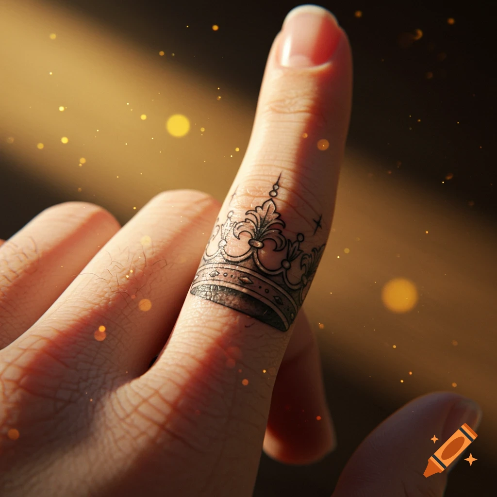 Close-up of a hand featuring a detailed black outline tattoo of a king's crown on the ring finger, with golden light and bokeh in the background.
