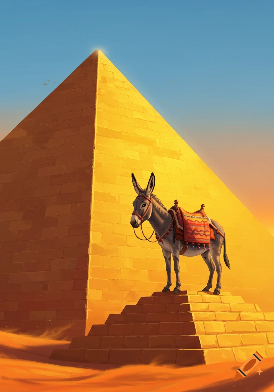 Illustration of a donkey with a colorful saddle standing on the steps of a large golden pyramid in a desert under a blue sky.