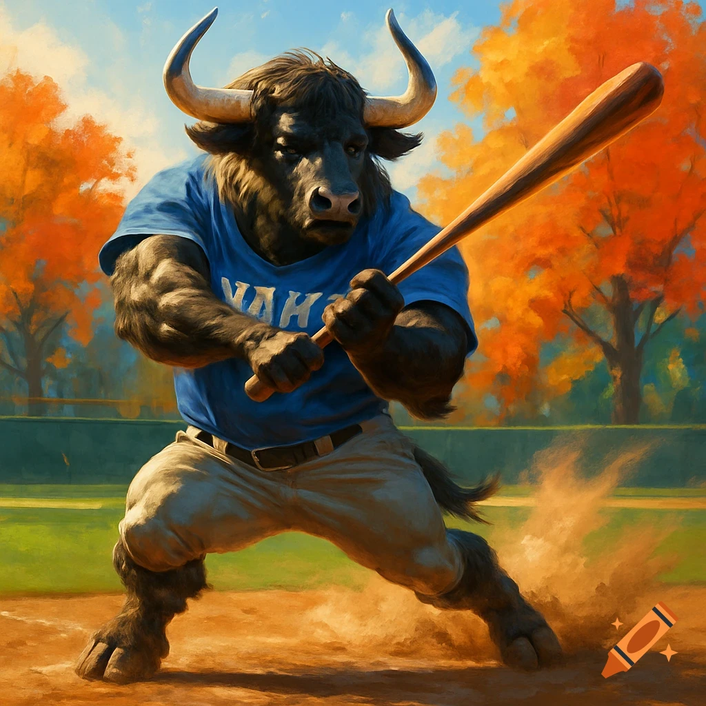 A muscular bull-like creature in a blue baseball jersey with "YAKS" across the chest, powerfully swings a bat on a dusty baseball field with orange autumn trees in the background.