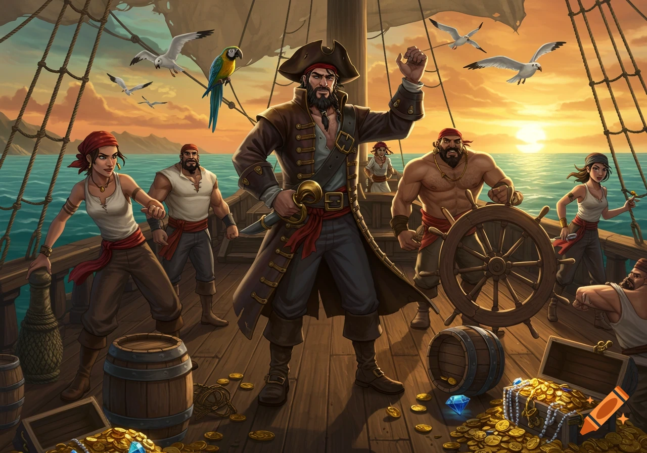 A crew of animated pirates on a ship deck at sunset, with a treasure chest full of gold and jewels.