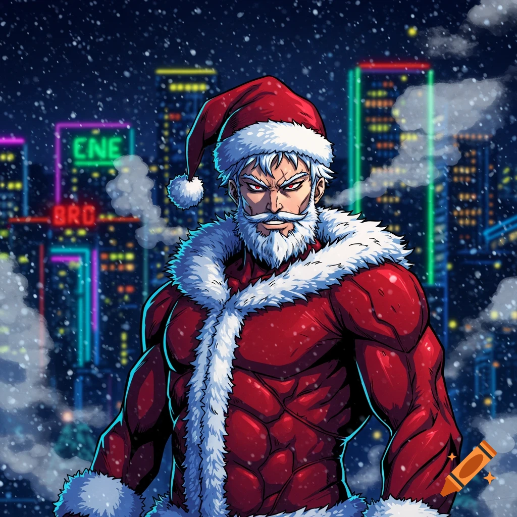 A muscular Santa Claus-like character with a stern expression stands in a snowy, neon-lit city at night, in a manga style.