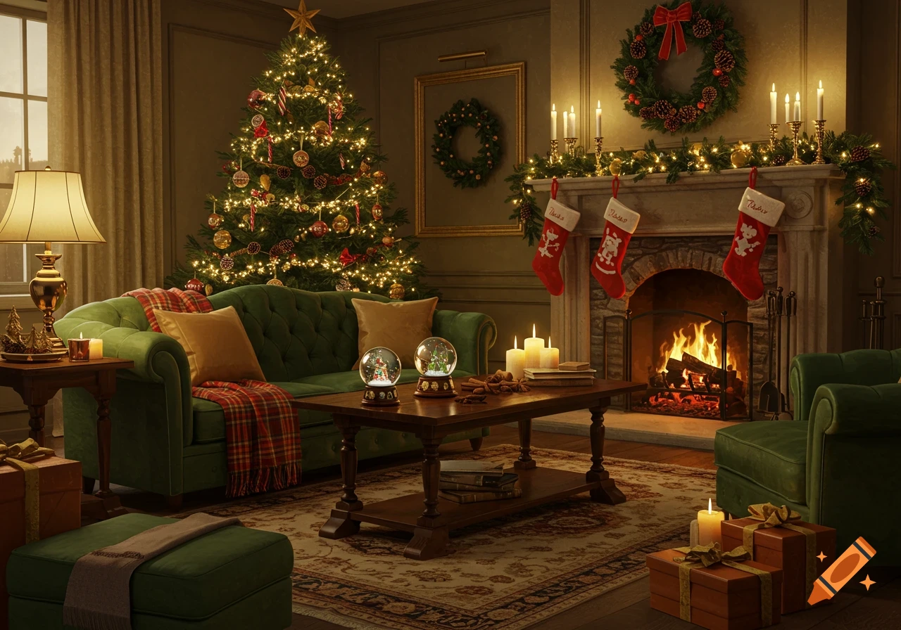 A cozy, photorealistic Christmas living room with a decorated tree, glowing fireplace, green sofa, and festive accents.