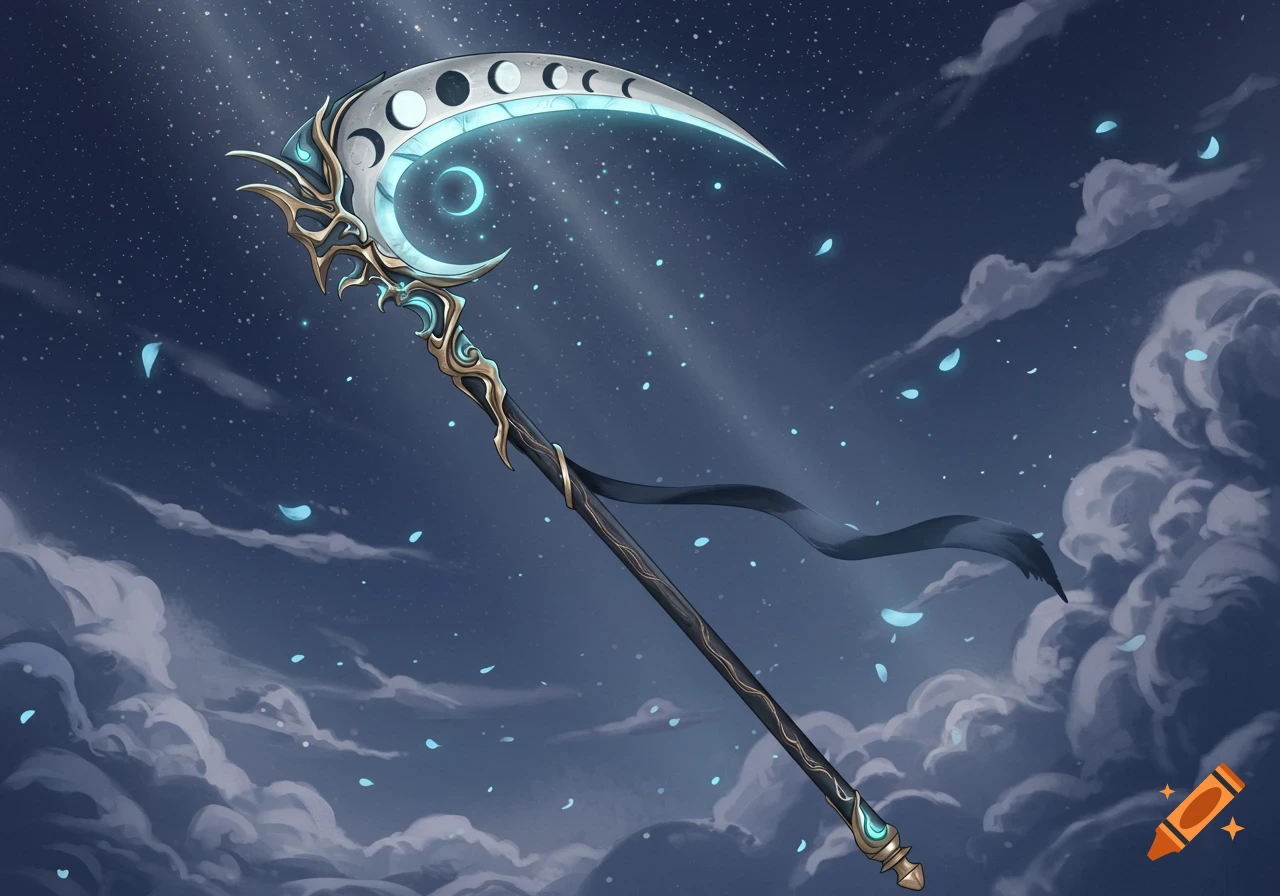 A stylized crescent scythe with glowing teal accents and moon phase symbols against a starry night sky with clouds.