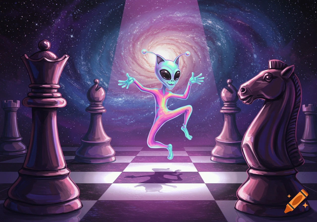A colorful alien dances on a giant chessboard in space under a spotlight, surrounded by large chess pieces.