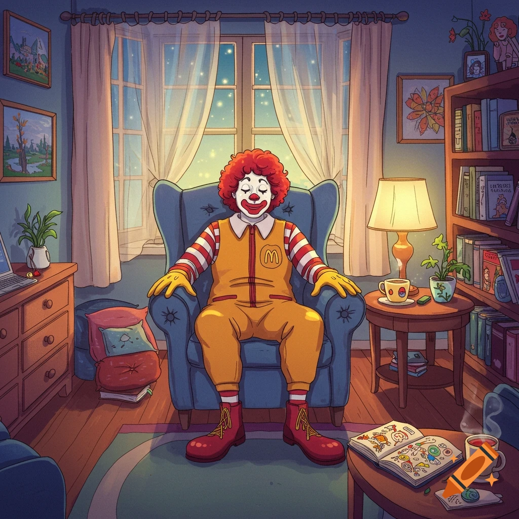 A cartoon illustration depicts Ronald McDonald sitting in a cozy armchair in a dimly lit living room at night, with a bookshelf and a window showing stars.