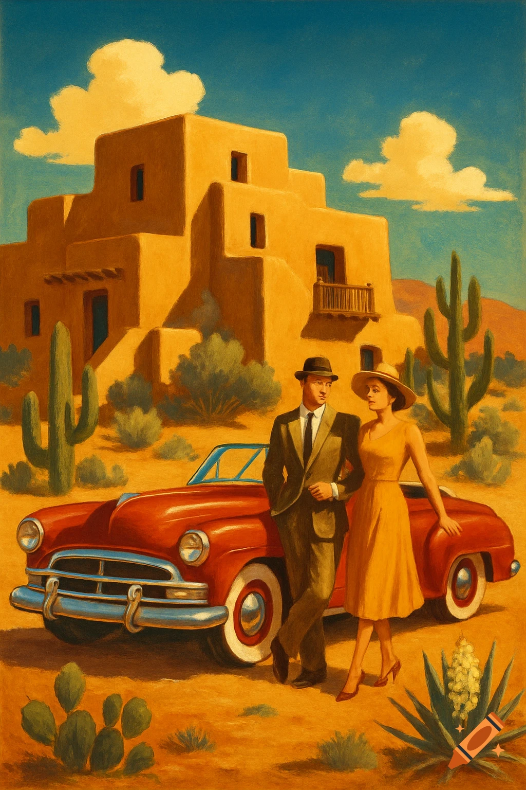 A man and woman in 1950s attire stand by a red classic car in a desert with an adobe house, rendered in a vintage illustration style.