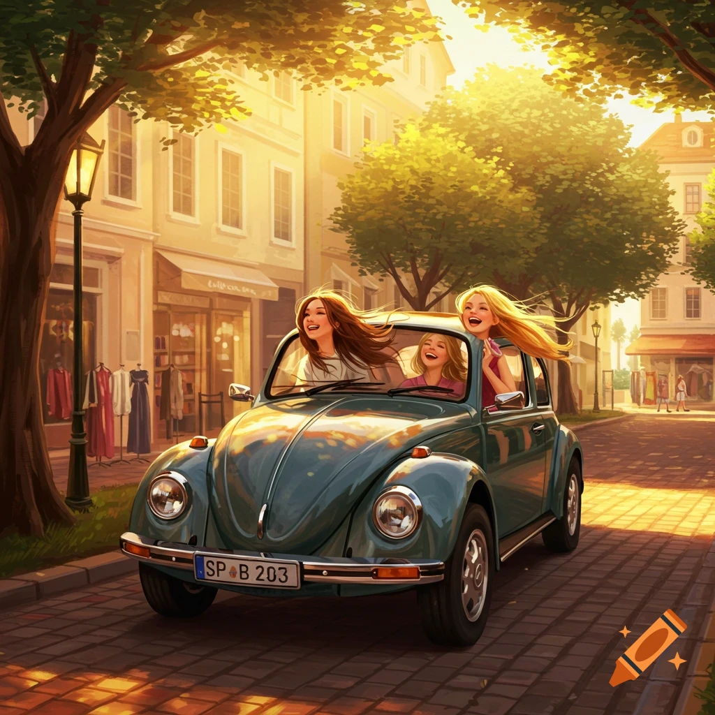 Three laughing women driving a green vintage Volkswagen Beetle down a sunny, tree-lined street with European buildings. Illustrated style.
