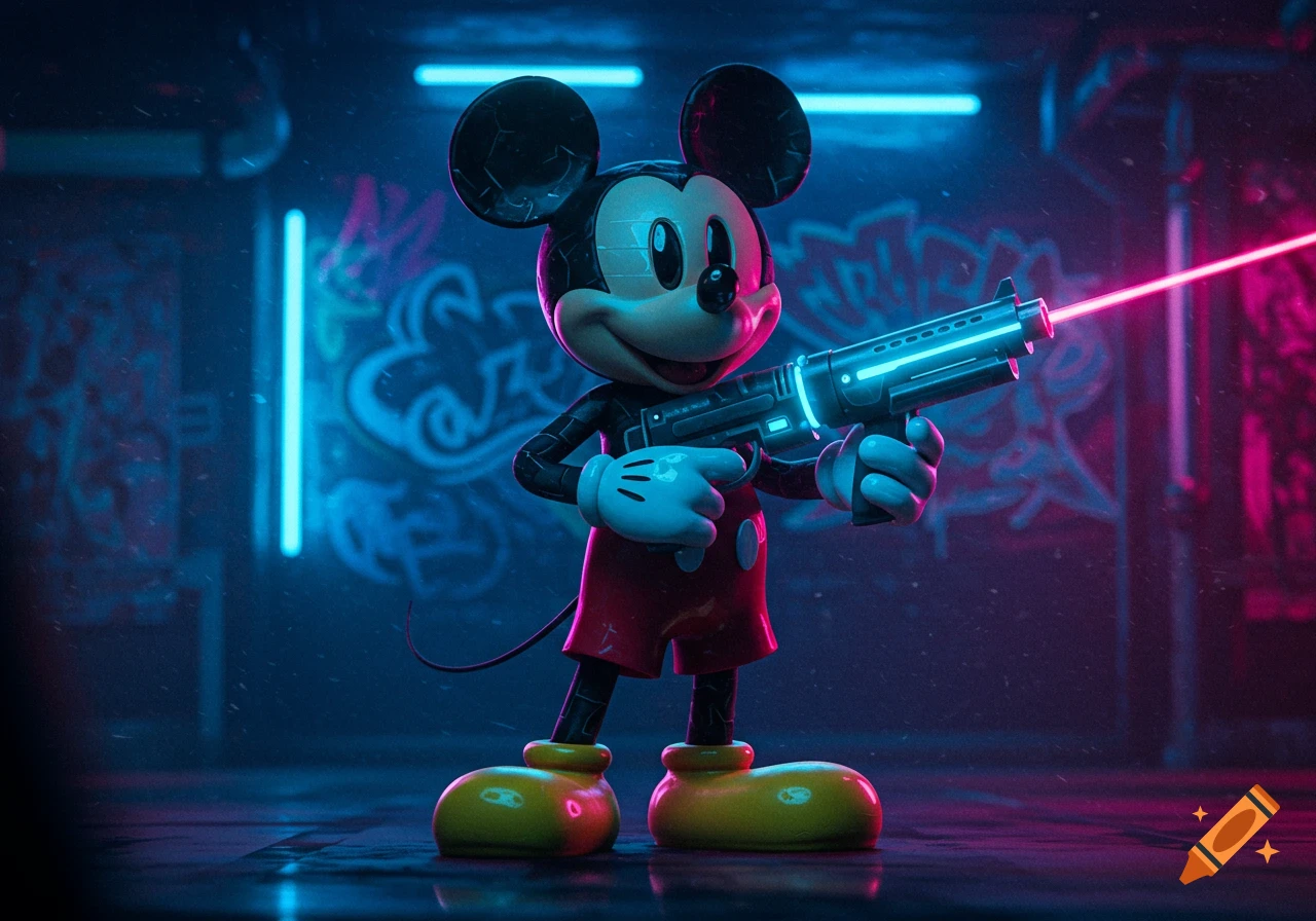 A 3D rendered Mickey Mouse in a dark, neon-lit room with graffiti, holding a futuristic blue laser gun with a pink beam.